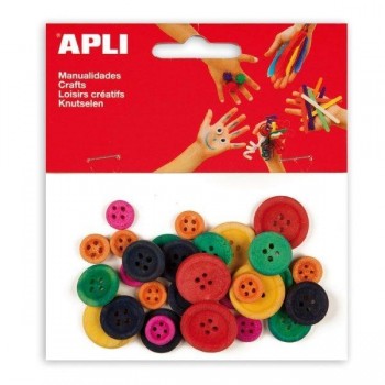 Botones de madera Apli - Tamaños surtidos - Colores surtidos - Bolsa 30 ud