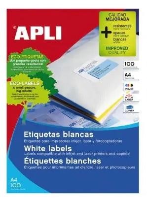 Etiquetas Apli - Permanentes - Inkjet, láser, fotocopiadora - Color blanco - Pack de 100 hojas